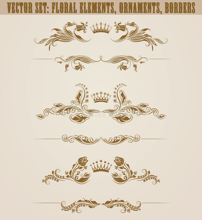 Set filigree adamaszkowi ornamenty Kwieciści złoci elementy, royalty ilustracja Set filigree adamaszkowi ornamenty Kwieciści złoci elementy, royalty ilustracja