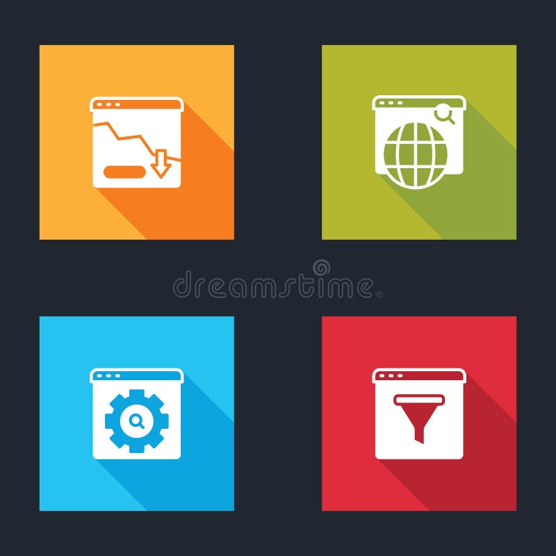 Set Financial growth decrease, Search engine, Browser setting and window icon. Vector. Decrease business concept illustrations