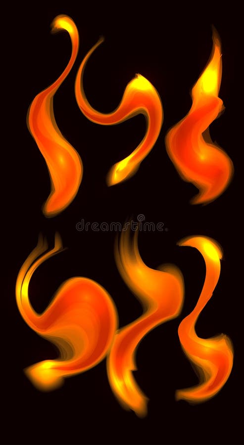 Set of fire curls on dark background. Objects separate from background. Vector element for greeting cards, banners and your design