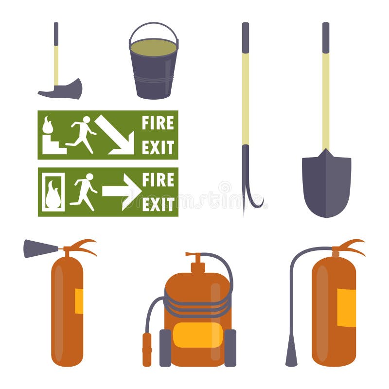 Set of fire equipment. Fire extinguishers, shovel, hook, bucket, an ax and Fire safety signs. Elements for fire-fighting baners, flayers, infographic. Vector eps10 illustration