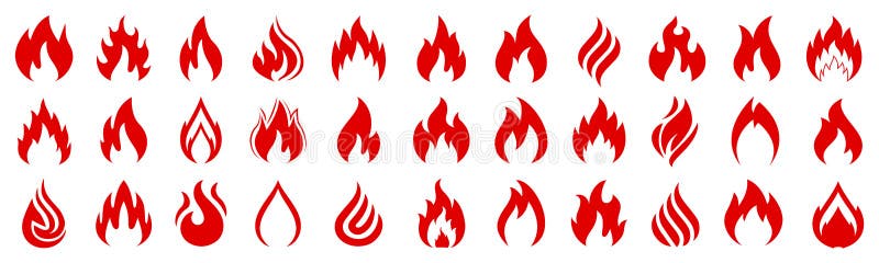 Set of fire icons. Different flames. Collection red fire for design - vector vector illustration