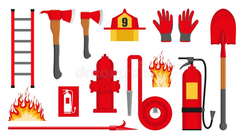 Set of firefighting items. Fire protection equipment. Fireman equipment. Equipment for firefighter. Profession Firefighter. Firehose hydrant, fire extinguisher, shovel, ax, helmet, gloves, ladder