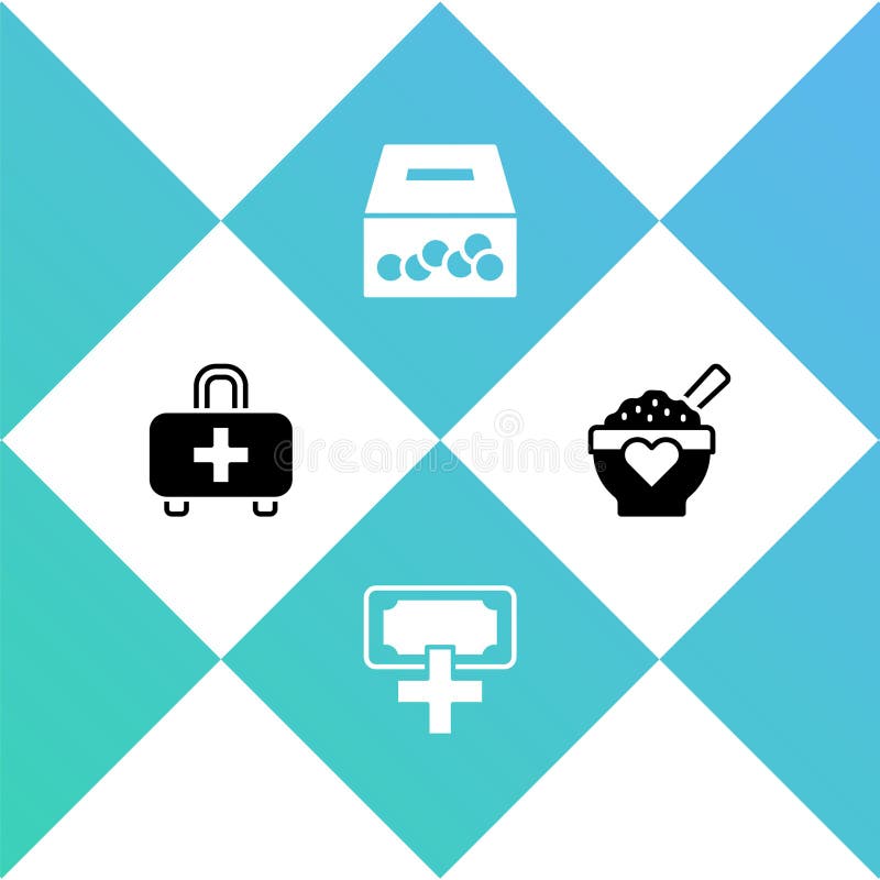 Set First Aid Kit, Donation and Charity, and Food Icon. Vector Stock