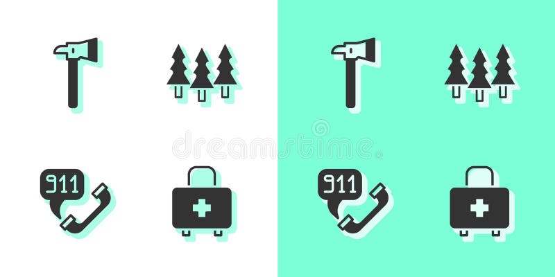 Set First aid kit, Firefighter axe, Telephone call 911 and Forest icon. Vector.