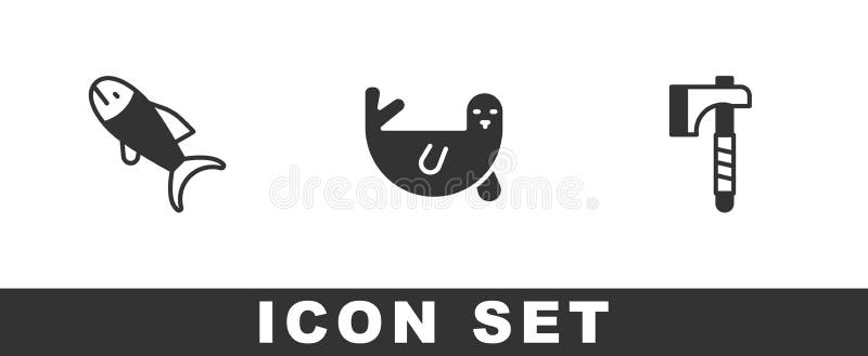 Set Fish, Fur Seal Animal and Wooden Axe Icon. Vector Stock Vector
