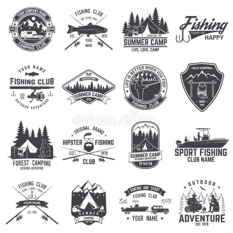 Set of fishing and camping club badge. Vector illustration. stock illustration Set of fishing and camping club badge. Vector illustration. stock illustration