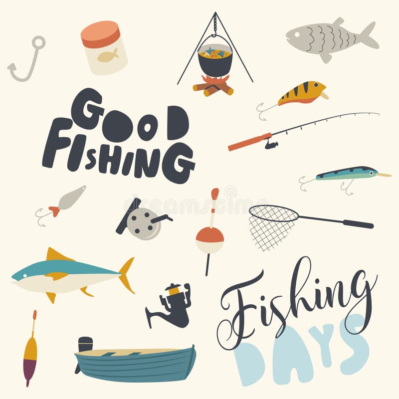 Set of Fishing Icons Boat, Rod and Net with Fish, Campfire with Cauldron and Soup. Bait, Hook Tackle on White Background