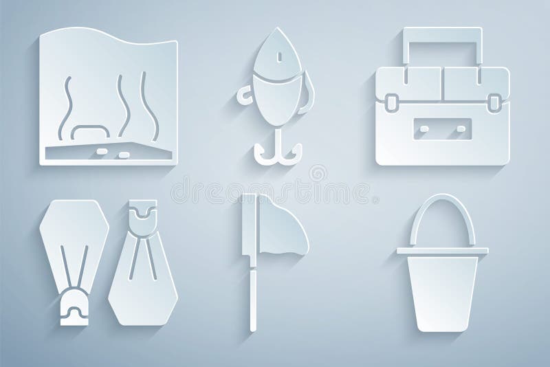 Set Fishing Net with Fish, Case Container for Wobbler, Rubber Flippers  Swimming, Bucket, Lure and Aquarium Icon. Vector Stock Vector -  Illustration of animal, isolated: 240240586