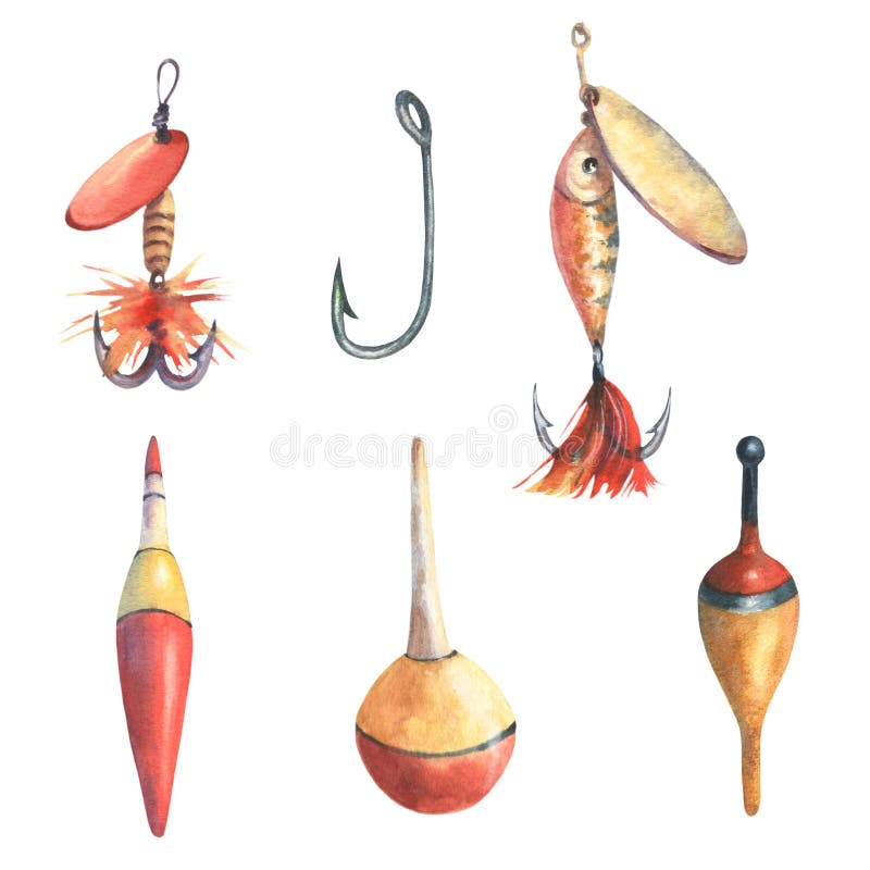 Set of Fishing Tackle, Bobber Float,, Hooks and Lures. Hand Drawn  Watercolor Painting Isolated on White Background, Cut Stock Illustration -  Illustration of spinning, bait: 272505385