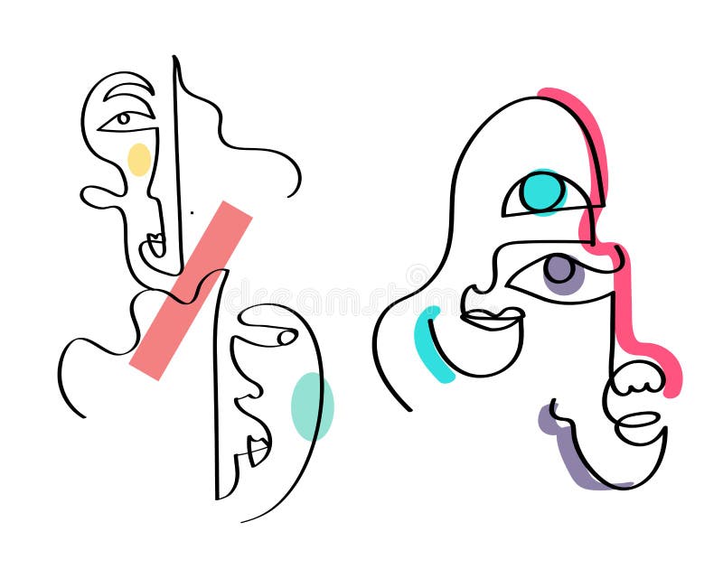 Set of five abstract face one line drawing. Portrait minimalistic style. Fine one line drawing abstract face. One line stock illustration Set of five abstract face one line drawing. Portrait minimalistic style. Fine one line drawing abstract face. One line stock illustration