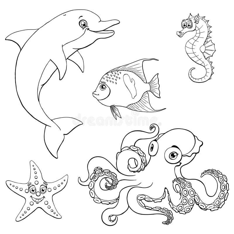 Set Five Cute Marine Animal Black Contour Stock Vector - Illustration of  line, octopus: 85751397