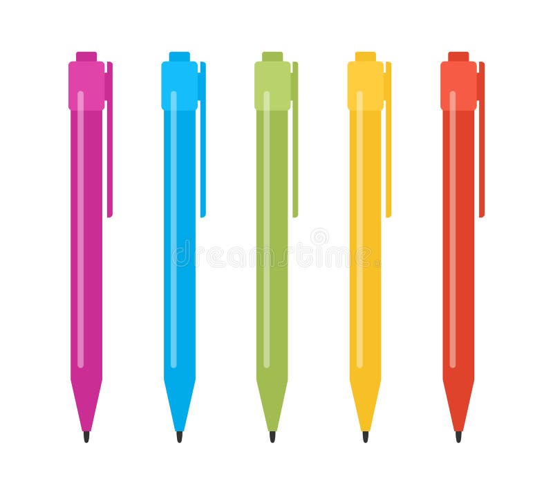 Set of Five Multi-colored Pens Stock Vector - Illustration of multicolored,  clamp: 115028545