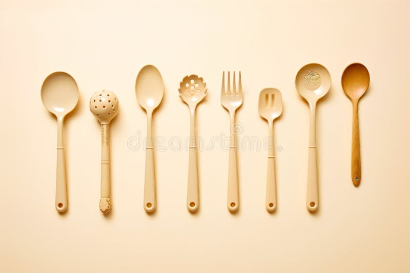 Set of five spoons and spoon with spoon rest on table. Generative AI. AI generated