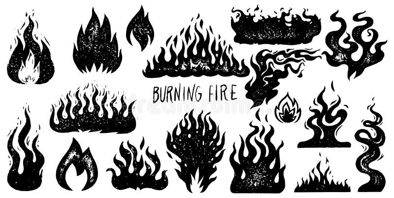 Flame and fire set on transparent background. Hand drawn engraved