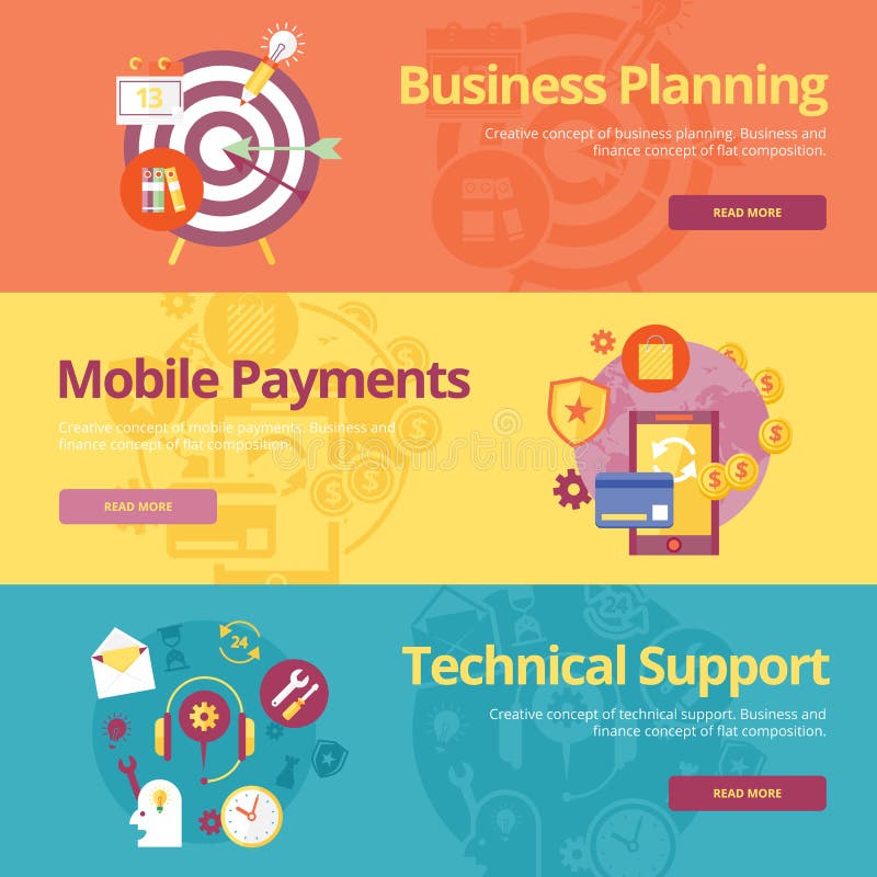 Set of flat design concepts for business planning, mobile payments, technical support. royalty free illustration