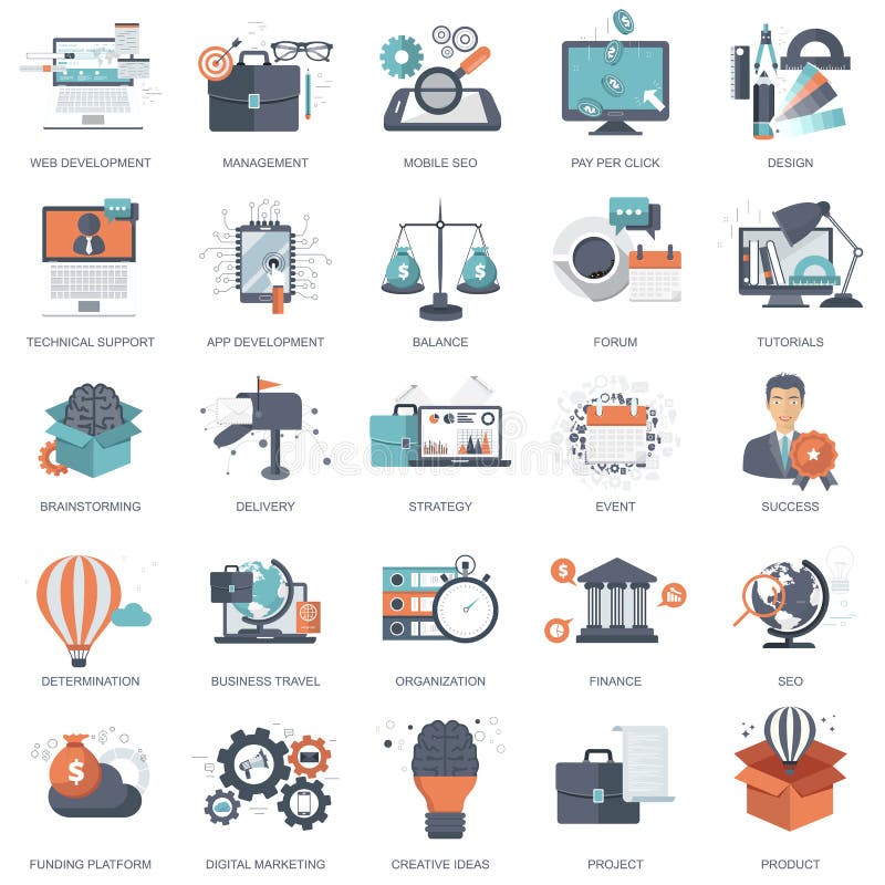 Set of flat design icons for business, pay per click, creative process, searching, web analysis, time is money, on line shopping. stock illustration