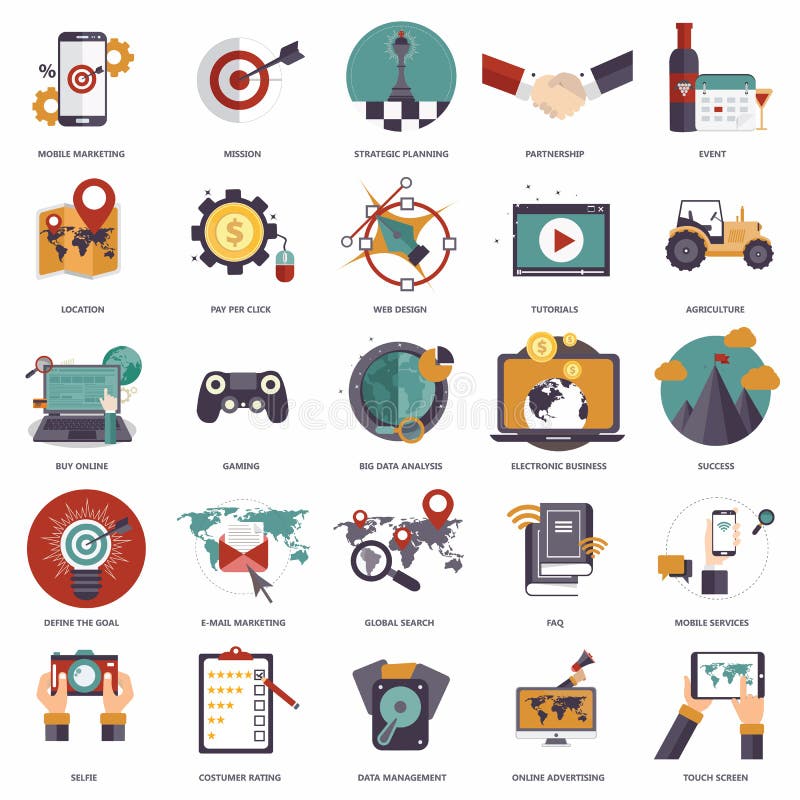 Set of flat design icons for business, pay per click, creative process, searching, web analysis, work-flow, on line shopping stock illustration Set of flat design icons for business, pay per click, creative process, searching, web analysis, work-flow, on line shopping stock illustration
