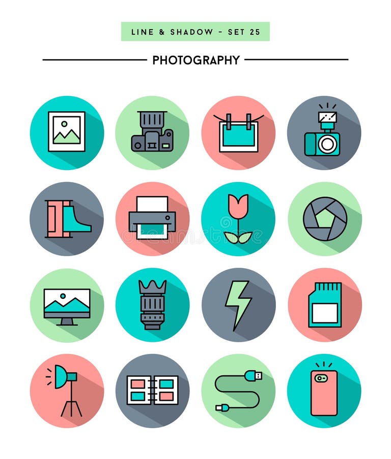 Set of flat design,long shadow, thin line photography icons