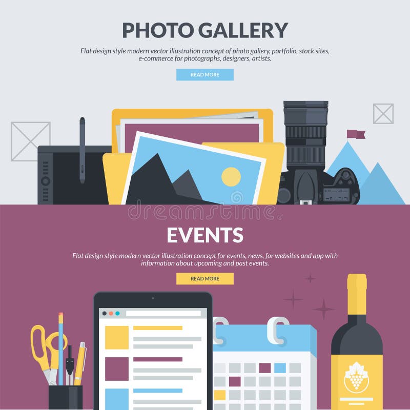 Set of flat design style concepts for photo gallery and events