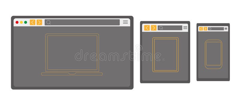 Set of flat empty browser windows for various devices. Vector. Computer, tablet, phone sizes. Device icons: smartphone, tablet and desktop computer.