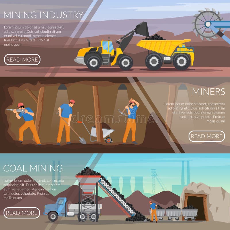 Mining Industry Horizontal Flat Banners. Set of flat horizontal banners with mining industry, workers with tools, coal extraction isolated vector illustration