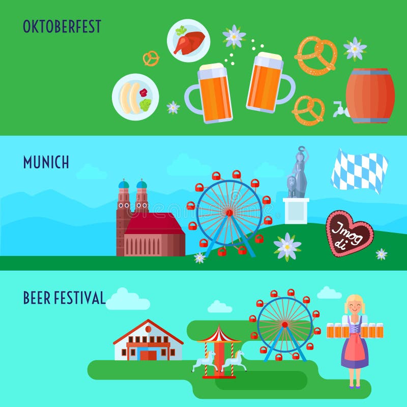 Set of flat horizontal German Oktoberfest beer festival icons banners presents Munich and Bavarian cuisine vector illustration royalty free illustration Set of flat horizontal German Oktoberfest beer festival icons banners presents Munich and Bavarian cuisine vector illustration royalty free illustration