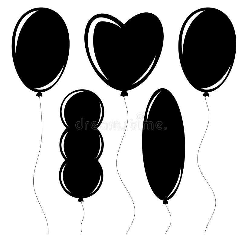 Set of flat isolated black silhouettes of balloons on ropes. Simple design on white background.