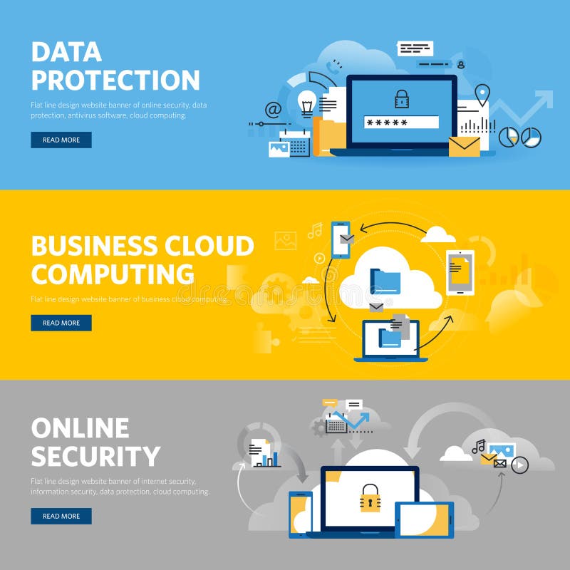 Set of flat line design web banners for data protection, internet security royalty free illustration