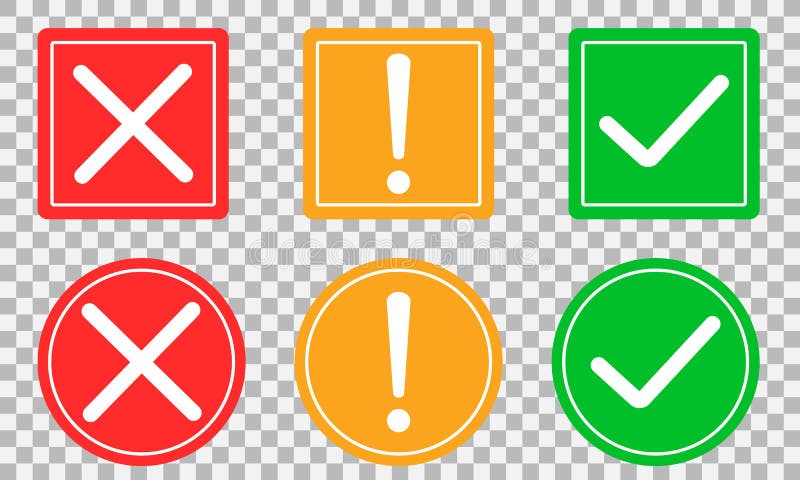 Set of Flat Round Check Mark, Exclamation Point, X Mark Icons, Buttons