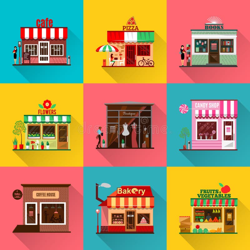 Set of flat shop building facades icons with shadow