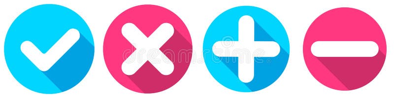 Set of flat square check mark, X mark, plus sign and minus sign icons, buttons isolated on a white background. EPS10 vector file