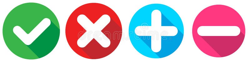 Set of flat square check mark, X mark, plus sign and minus sign icons, buttons isolated on a white background. EPS10 vector file