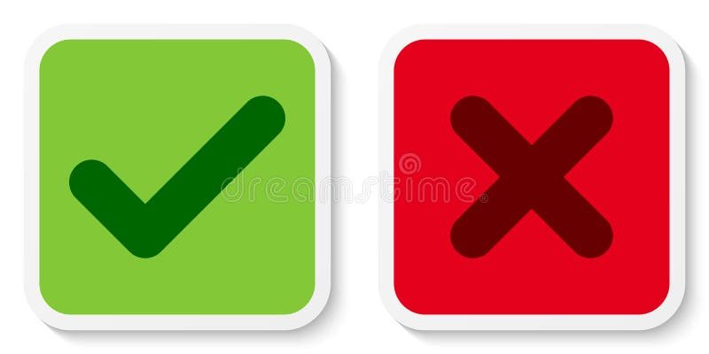 Set of flat square check and x mark icons, buttons, stickers. Tick and cross symbols isolated on a white background.