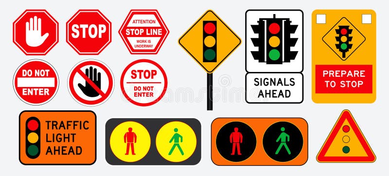 Set of flat traffic light and stop sign.