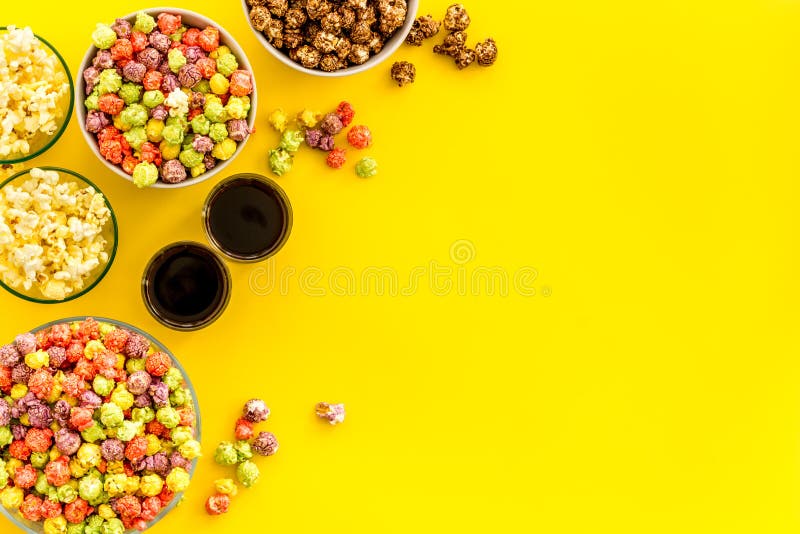 Set of Flavored Popcorn and Soda on Yellow Desk from Above Copy Space Stock Photo Image of