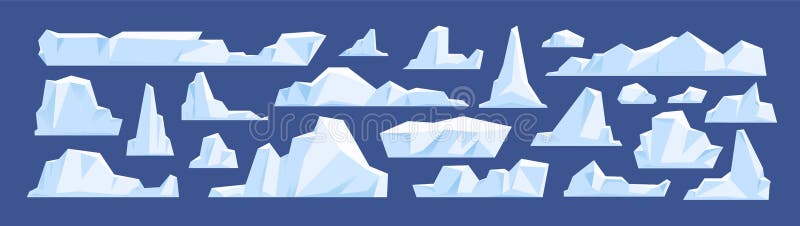 Set of floating glacier, iceberg in north sea or arctic ocean. Melting ice peak, rocks in antarctica. Natural icy