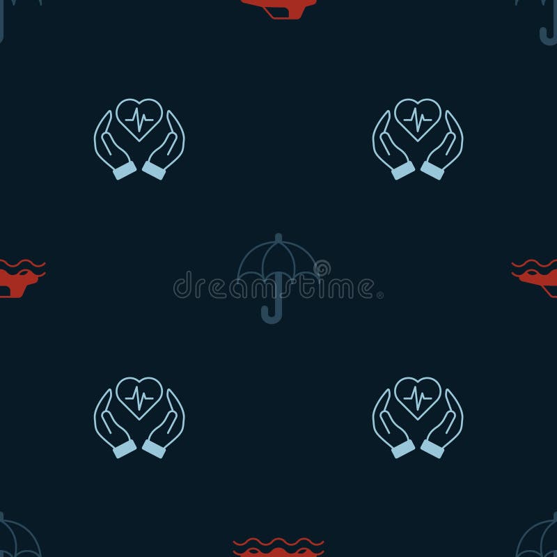 Set Flood Car, Umbrella and Life Insurance on Seamless Pattern. Vector