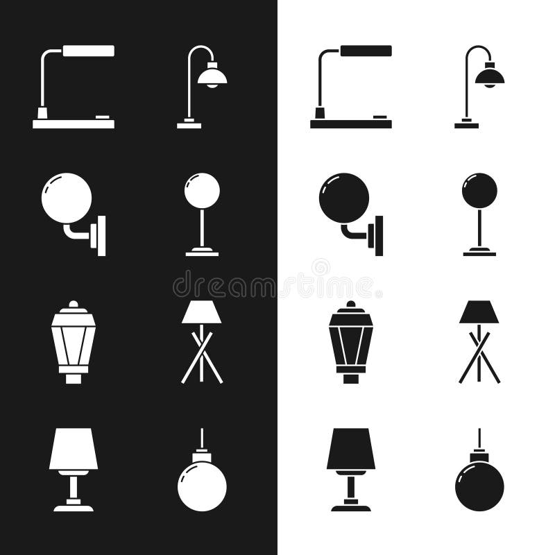 Set Floor Lamp, Wall Sconce, Table, Garden Light, Lamp Hanging and Icon. Vector Stock Vector