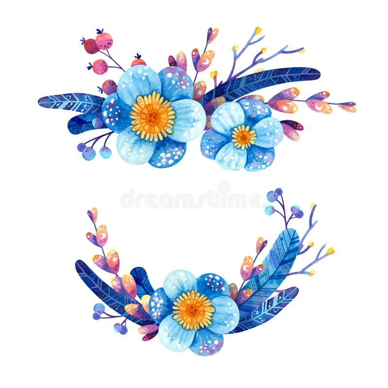 Set of floral arrangements in blue and violet colors. Blue and purple cosmic plants with symbols of stars and the moon. Feathers, flowers, leaves, berries. Hand drawn atercolor illustrations. Clipart collection for postcard, banner design element