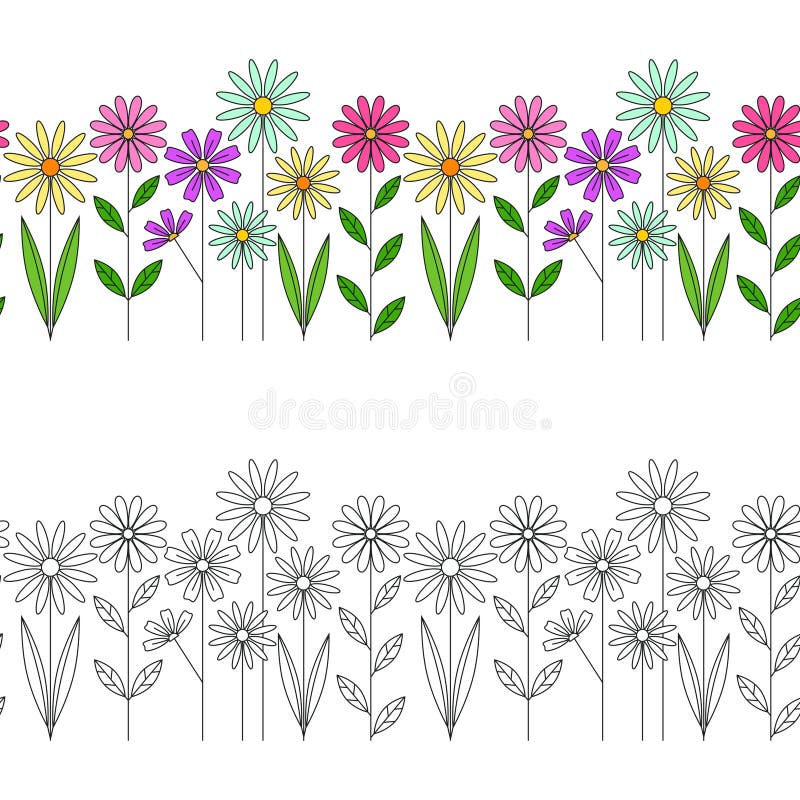Set of floral bottom borders with meadow flowers and grass seamless vector pattern vector illustration