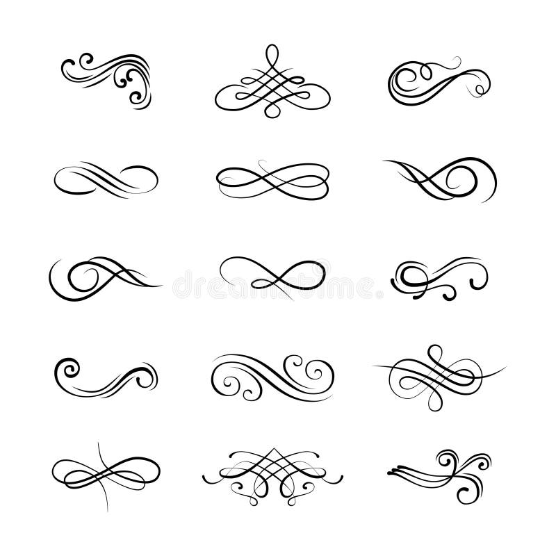 Set flourishes. Calligraphic and page decoration design elements. Swirl, scroll and divider.