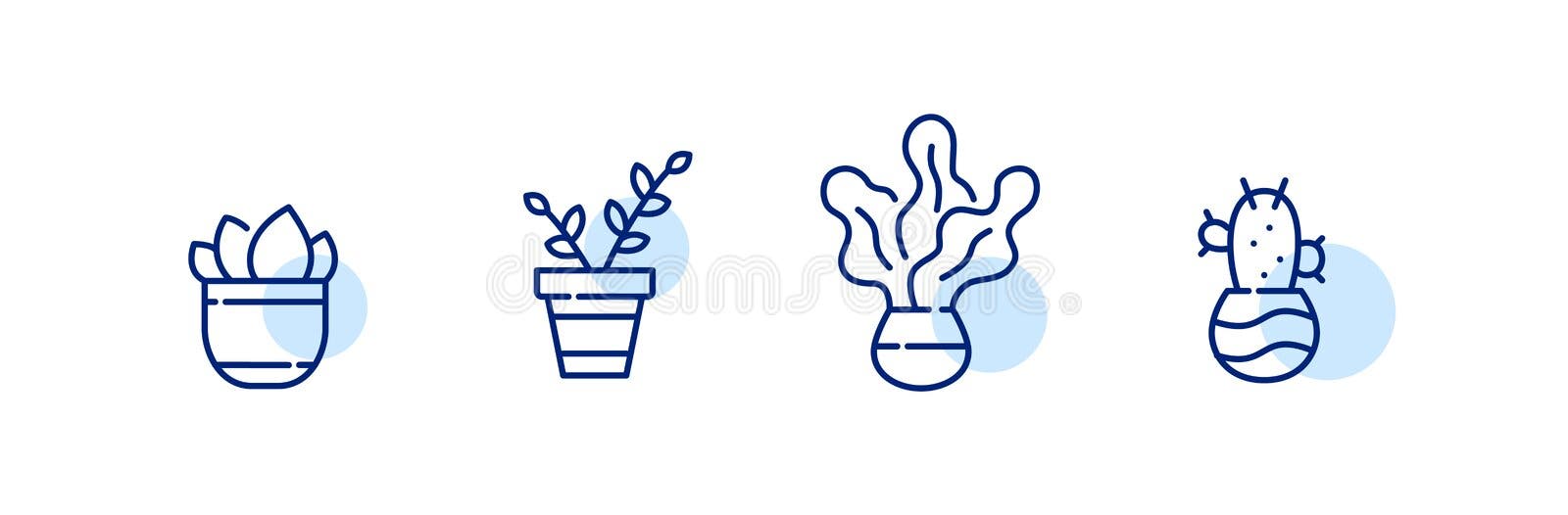 Set of 4 flower pots with leafy plants and cactus. Pixel perfect, editable stroke icon royalty free illustration Set of 4 flower pots with leafy plants and cactus. Pixel perfect, editable stroke icon royalty free illustration