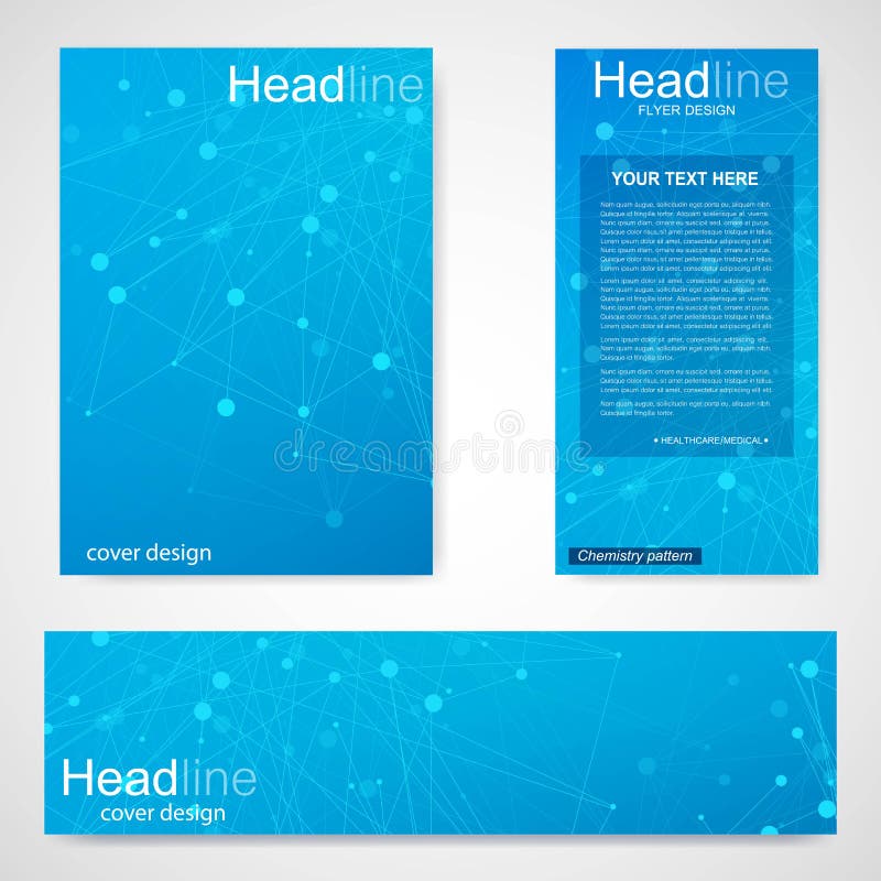 Set flyer, brochure size A4 template,banner. Molecular structure with connected lines and dots. Scientific pattern atom. DNA with elements for magazine, leaflet vector illustration Set flyer, brochure size A4 template,banner. Molecular structure with connected lines and dots. Scientific pattern atom. DNA with elements for magazine, leaflet vector illustration