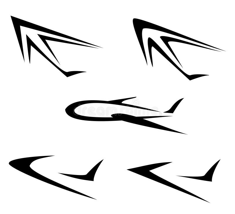 Set of flying plane symbols, isolated icons. Aircraft arrival sign vectors