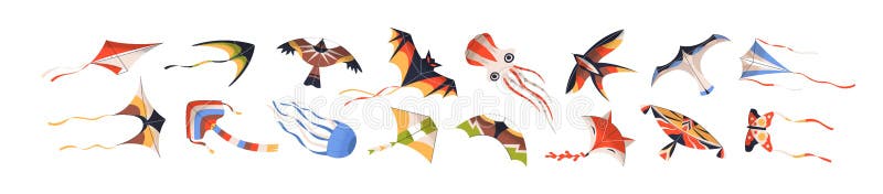 Set of flying wind kites of different type and shape. Collection of kids air toys floating in sky. Colored flat vector vector illustration
