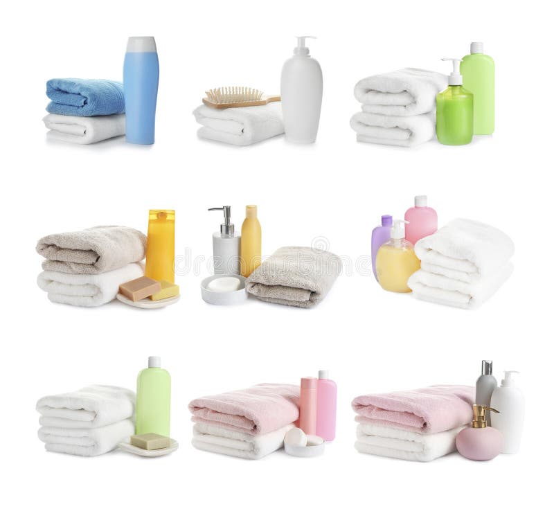 Set of folded soft terry towels and toiletries on background stock images