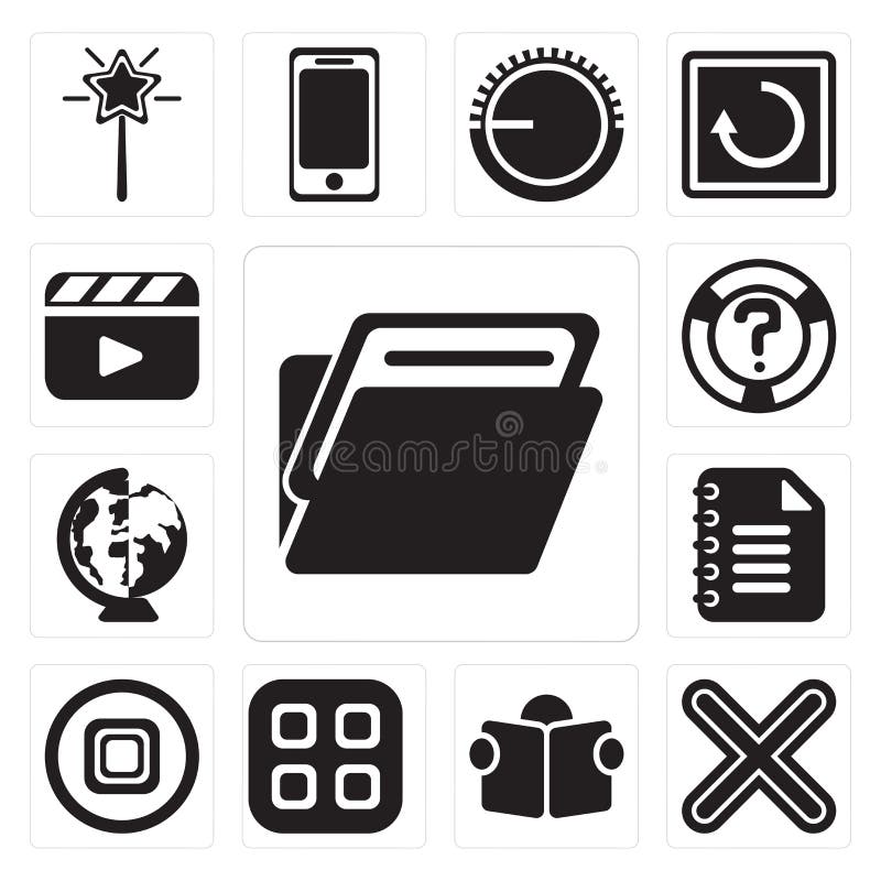 Set of Folder, Multiply, Reading, Menu, Stop, Notepad, Worldwide stock illustration Set of Folder, Multiply, Reading, Menu, Stop, Notepad, Worldwide stock illustration