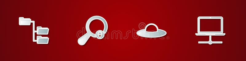 Set Folder tree, Search location, UFO flying spaceship and Computer network icon. Vector vector illustration