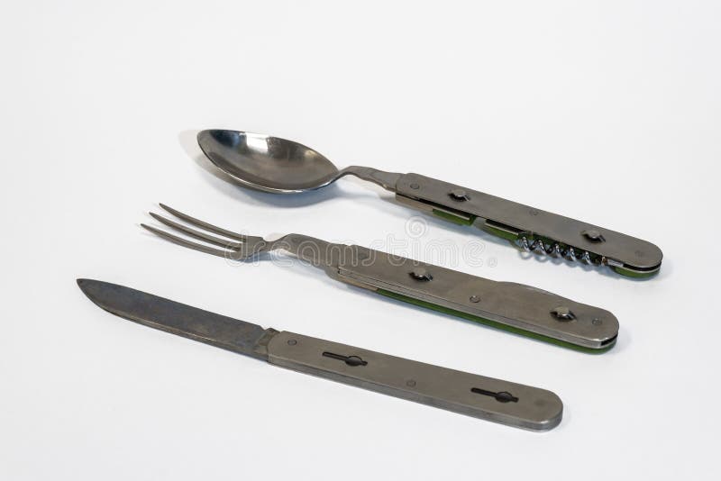 Set Folding Knife, Fork, Spoon, Corkscrew Five in One Stock Photo