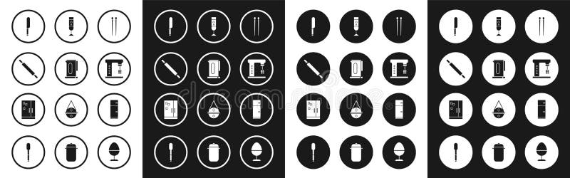 Set Food chopsticks, Kettle with handle, Rolling pin, Knife, Electric mixer, Blender, Refrigerator and icon. Vector stock illustration